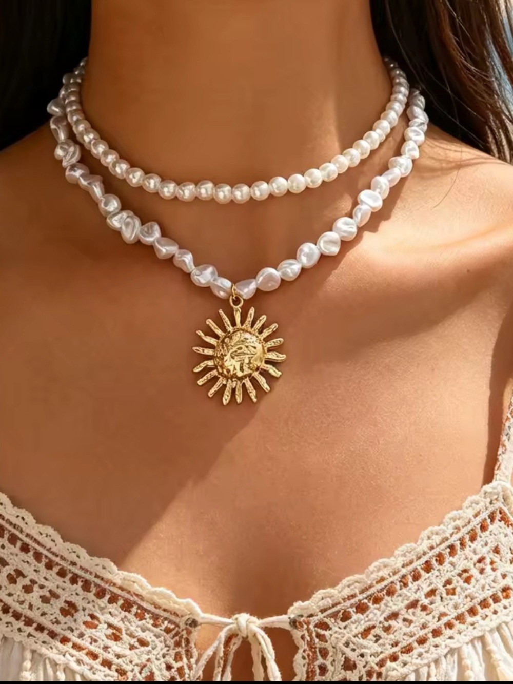 Gold Sun Pearl Layered Choker Necklace - White & Gold